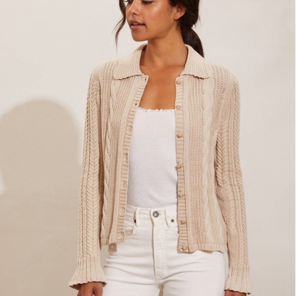 American Eagle Woven Creme Off-white Collar Long Sleeve Sweater Button-Up